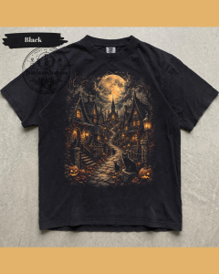 Midnight Black Cat Halloween Tee – Moonlit Pumpkin Gothic Shirt