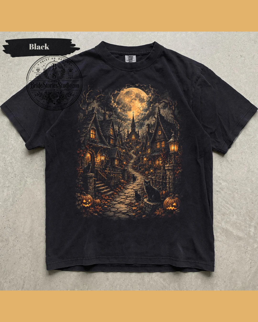 Midnight Black Cat Halloween Tee – Moonlit Pumpkin Gothic Shirt